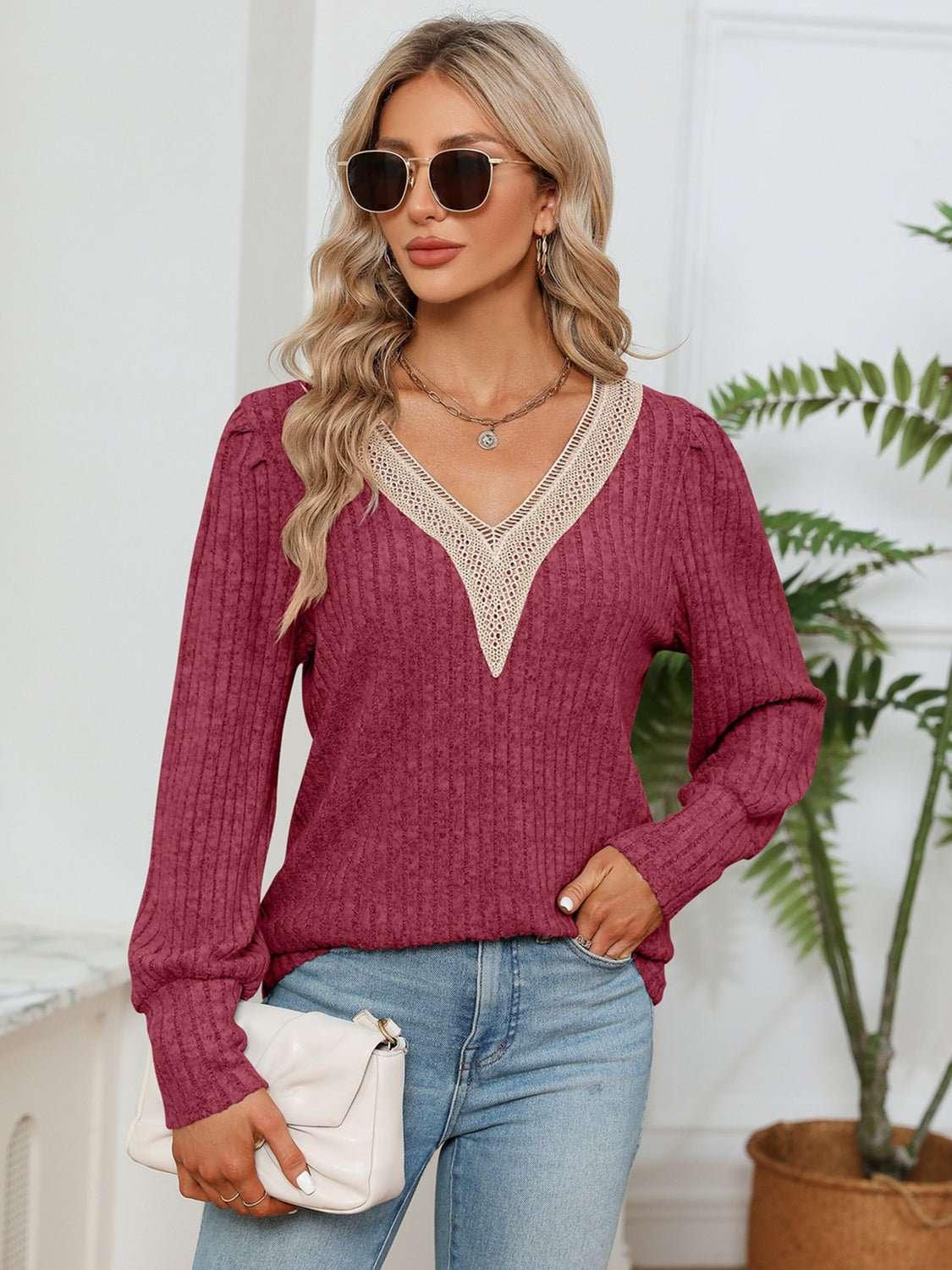 Lace Detail V - Neck Ribbed Blouse - VILLA FASHION